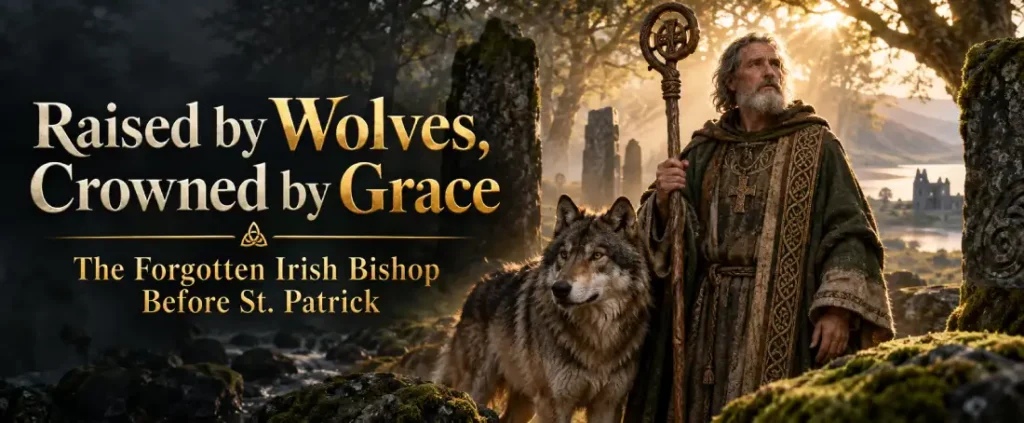 Saint Ailbhe of Emly standing in vestments holding a bishop's crosier alongside a wolf, illustrating Ireland's pre-Patrician patron saint of wolves.