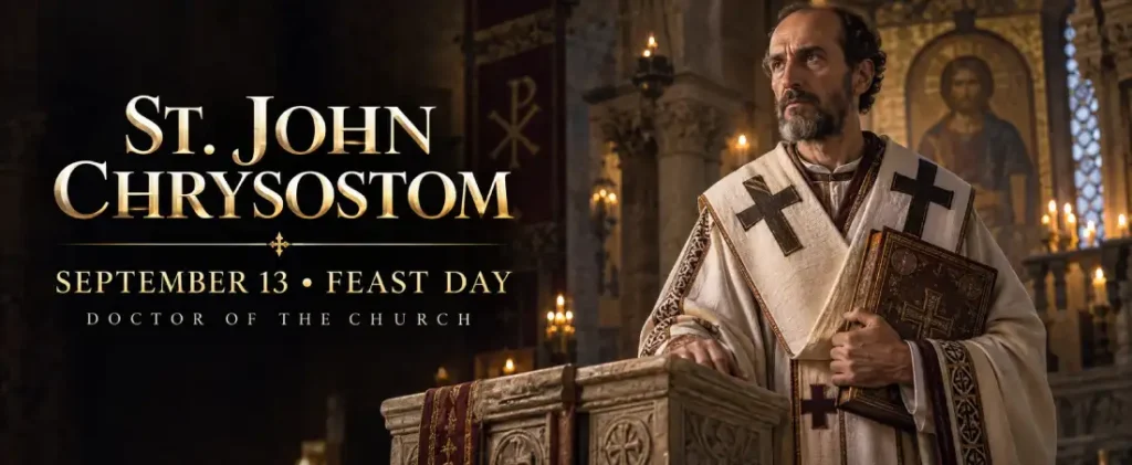 St. John Chrysostom, Archbishop of Constantinople, holding the Gospel in an early Christian cathedral on his September 13 feast day.