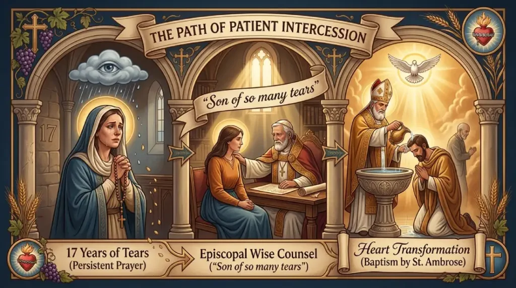 Detailed Catholic triptych illustration depicting 'The Path of Patient Intercession,' showing Saint Monica praying weeping tears, receiving episcopal counsel, and Saint Augustine's baptism by Saint Ambrose as a model for a St Monica prayer for a prodigal child.