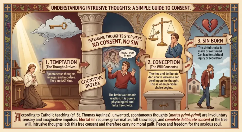 Diagram showing Catholic teaching on temptation versus consent: intrusive thoughts stop before deliberate choice, so there is no sin.
