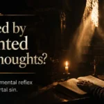 A person praying at night before an open Bible under warm candlelight, illustrating Catholic moral teaching on whether intrusive thoughts are mortal sins.