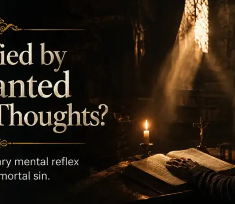 A person praying at night before an open Bible under warm candlelight, illustrating Catholic moral teaching on whether intrusive thoughts are mortal sins.