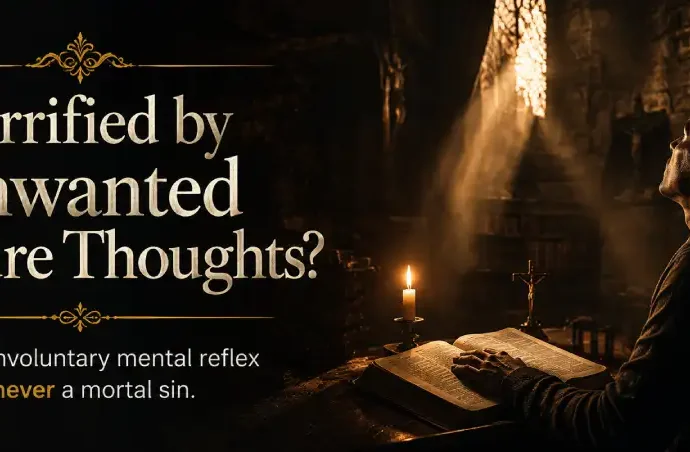 A person praying at night before an open Bible under warm candlelight, illustrating Catholic moral teaching on whether intrusive thoughts are mortal sins.