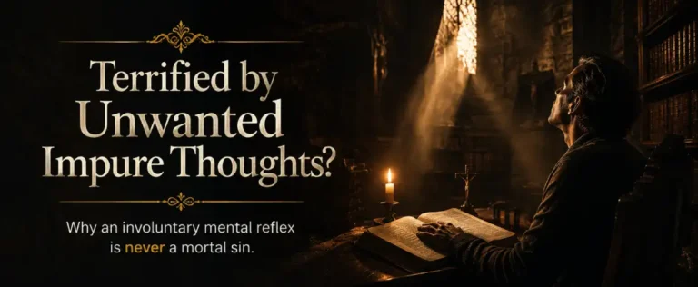 A person praying at night before an open Bible under warm candlelight, illustrating Catholic moral teaching on whether intrusive thoughts are mortal sins.