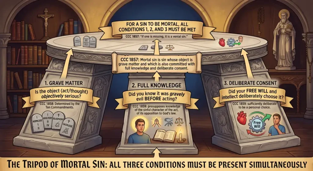The Tripod of Mortal Sin diagram showing Catholic criteria: grave matter, full knowledge, and deliberate consent per CCC 1857.
