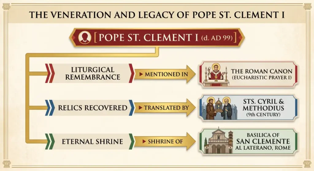Educational diagram showing the veneration and legacy of Pope Saint Clement I: mentioned in the Roman Canon, relics translated by Saints Cyril and Methodius, and his shrine at the Basilica of San Clemente al Laterano.